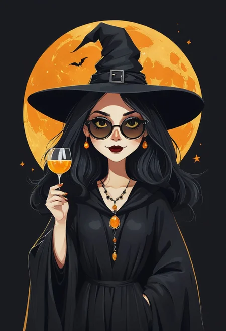 simple_cartoon
The image shows a humorous, Halloween-themed design featuring a stylish witch. The central figure is an older, spooky yet playful witch wearing a classic black pointed hat. Her face is skeletal yet friendly, and she sports large, round sunglasses, giving her a cool, modern vibe. She wears a dark cloak with a pendant around her neck, completing the witchy look.
In her hand, she holds a wine glass, adding a touch of sophistication and humor to the design. The background features a large, orange-yellow full moon, creating a striking contrast against the black backdrop. The witch's laid-back expression and raised glass suggest she’s in a festive mood.
The overall vibe is lighthearted, mixing spooky Halloween imagery with fun, modern humor. The design is perfect for a Halloween gathering or celebration, blending the witchy theme with a fun twist.