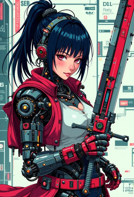 <lora:ck-nc-cyberpunk-V2-000013:1>, digital illustration, inksketch, anime art, in the style of cknc, Wabi-sabi (woman:0.3) assassin with (cyborg face parts),cyborg cybernetic enhancements, looking at the viewer, wielding an (enormous sci-fi sword) with mechanical parts at the viewer, (action pose, action shot ), action camera effects, intricate detailed, epic quality, profile picture, mechanical, background is a cyborg lab she is trying to escape from. manga