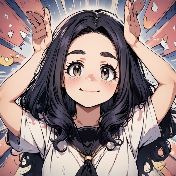 (perfect hands, nice hands), <lora:sd15_lora_beta:0.2>, <lora:ETO_OC:0.2> ETO-OC, <lora:ETO_OCC006:0.6>, ETO_OCC, (curly hair:1.3), (long hair:1.1), (black hair:1.5), thick eyebrows, (plump), 1girl, (hazel eyes:1.5), smiling, looking at viewer, mature female, (parted bangs:1.8), (round-face:1.8), (round-chin:1.7), upper body, dress, <lora:taremeEyes_v10:0.5>, BREAK <lora:rabbit_pose-09:0.9> (((rabbit pose, arms up,)))