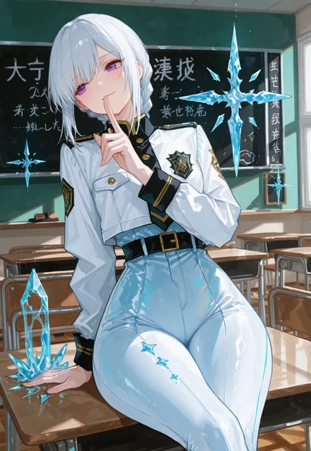 score_9, score_8_up, score_7_up,shiny skin,elegant woman,1girl, alone,long braided hairstyle, , athletic body,uniform costume, wide hips,sitting in a school classroom before black board, sitting cross legged on table, looking at you, sshh finger in lip , shushing you, smiling , looking at viewer,blue ice crystal magic spell ,ice spell casting with her one hand motioning