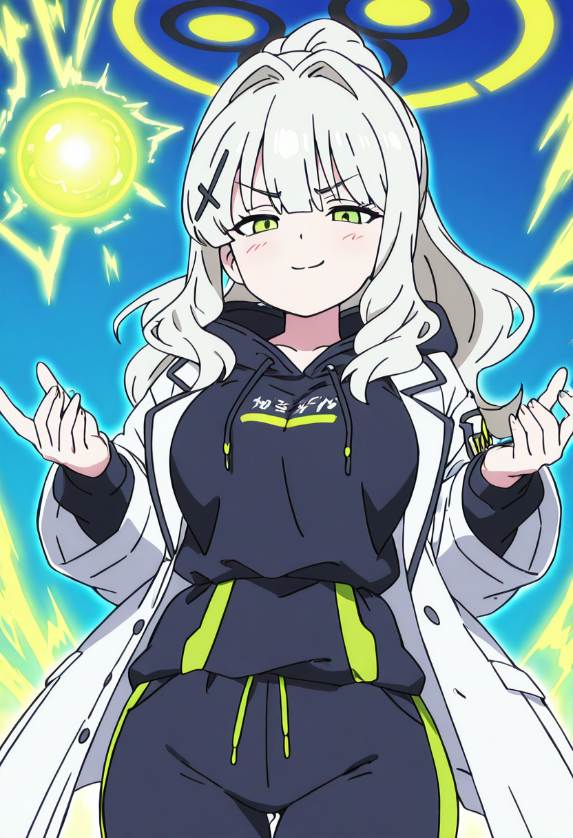 masterpiece, best quality, solo, curvy, beautiful eyes, narrow waist, wide hips, 1girl, solo, smile, looking at viewer,   zzHare, green eyes, grey hair, long hair, ponytail, x hair ornament, hair between eyes, green halo, hair intakes,  black hoodie, open clothes, white jacket,  <lora:OmagariHareBlueArchive_IXL_v1:1.0>, ,vivid aura, looking at viewer, blue background, smug, aura, super saiyan, charging energy, energy ball, energy, lightning, <lora:DBSBroly_Style_IXL_v2:0.6>,