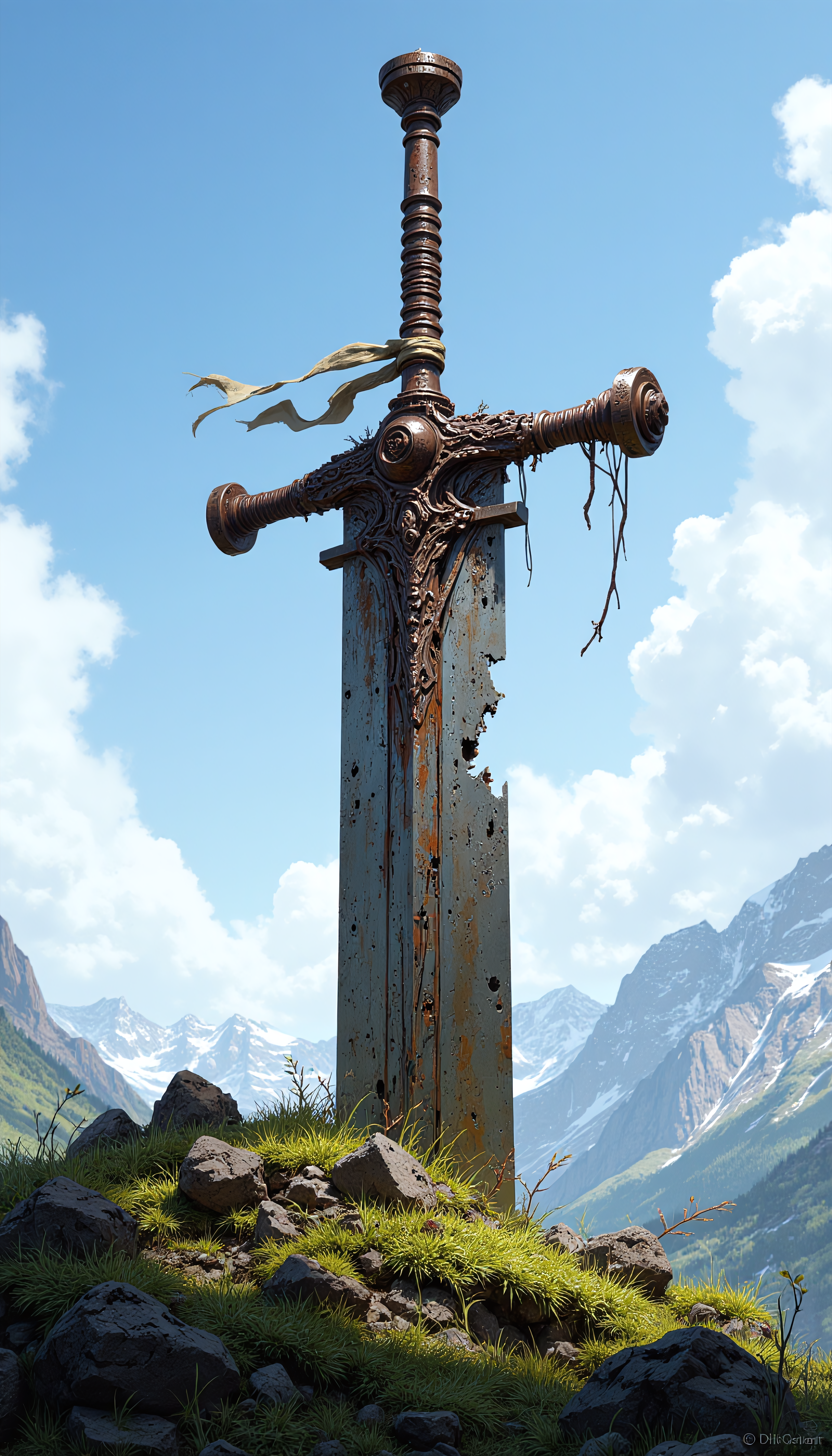 digital illustration of a massive, weathered greatsword stands embedded in the earth atop a grassy hill, the worn, ancient blade angled slightly toward the sky. The sword is heavily scarred and rusted from time, its once grand, imposing form now a relic of past battles. A tattered cloth is wrapped around the hilt, fluttering gently in the breeze. digital art, dark fantasy, realistic lighting and textures, muted colors, soft natural lighting, (masterpiece, best quality, ultra detailed:1.3), detailed Illustration, official artwork, wallpaper, official art