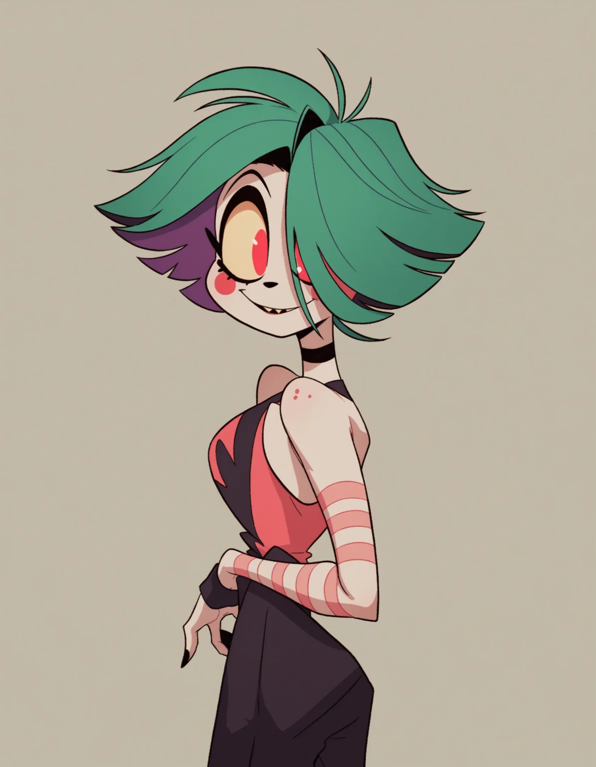 Beetlejuice, as voiced by Alex Brightman, green hair, dyed bangs, two tone hair, purple hair, multicolored hair, punk theme, HashbinPnyXL