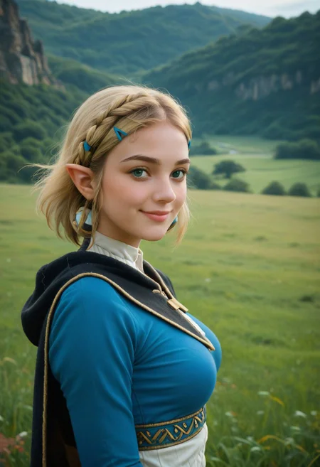 score_9, score_8_up, score_7_up, score_6_up, score_5_up, score_4_up, 1girl, outdoors, (blonde:1.4), termina field,beautiful landscape, (view from side:1.4), looking at viewer, medium breasts, focus on 1 girl, princess zelda, facing viewer, subtle smile, capelet, blue shirt, black leggings, hairclips view of hyrule castle in distant background, relaxed shoulders, head tilted back, innocent closed mouth smile, loving eye contact