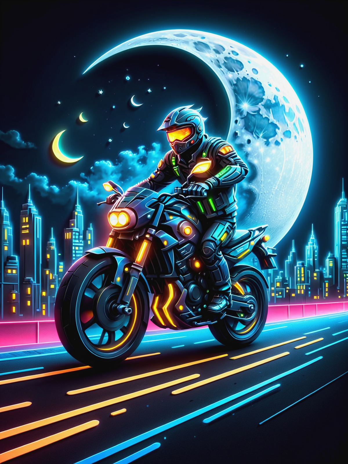 cityscape, man on motorbike racing through city moon, night sky, glowing outline,  mad-cybrpprct2, neon lights   <lora:Neon_Cyberpunk_Papercut_2_SDXL:0.9>, (masterpiece:1.2), best quality, (hyperdetailed, highest detailed:1.2), high resolution textures