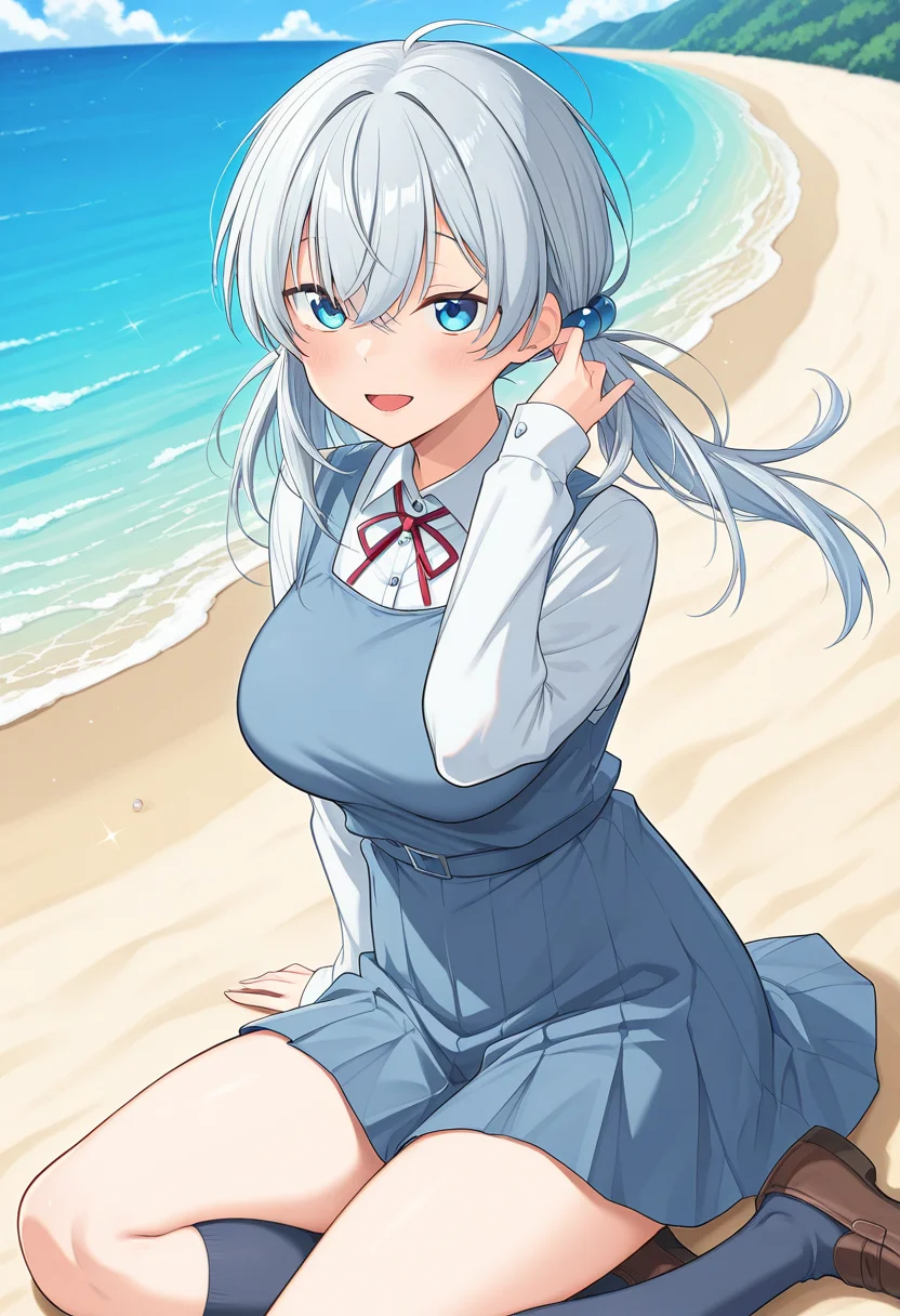 masterpiece, best quality, amazing quality, absurdres, 1girl, solo, nanashiww, blue eyes, grey hair, long hair, twintails, low twintails, hair bobbles, hair between eyes, large breasts, school uniform, neck ribbon, pinafore dress, pleated dress, sleeveless dress, collared shirt, white shirt, sleeves past wrists, long sleeves, pleated skirt, blue skirt, kneehighs, shoes, <lora:Nanashi_no_Shoujo_Yakousei_no_Ao_ill_v11:0.9>, sitting, yokozuwari, hair tucking, adjusting hair, floating hair, wind, looking at viewer, smile, open mouth, outdoors, day, beach, ocean, skindentation, detailed clothing folds, depth of field, sharp, high contrast, dynamic light