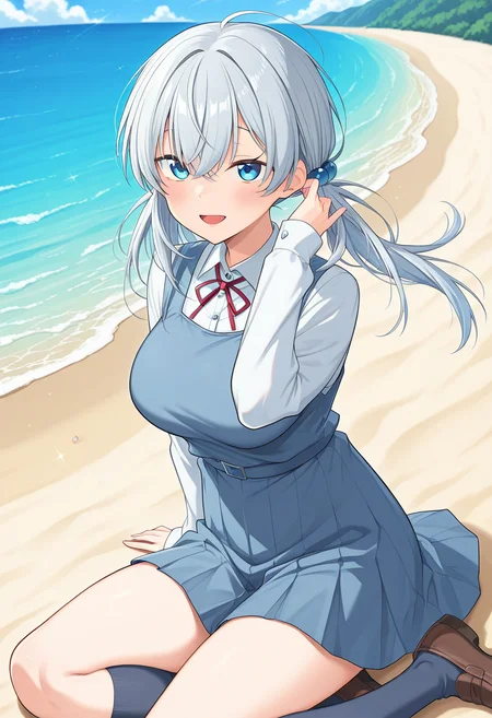 masterpiece, best quality, amazing quality, absurdres, 1girl, solo, nanashiww, blue eyes, grey hair, long hair, twintails, low twintails, hair bobbles, hair between eyes, large breasts, school uniform, neck ribbon, pinafore dress, pleated dress, sleeveless dress, collared shirt, white shirt, sleeves past wrists, long sleeves, pleated skirt, blue skirt, kneehighs, shoes, <lora:Nanashi_no_Shoujo_Yakousei_no_Ao_ill_v11:0.9>, sitting, yokozuwari, hair tucking, adjusting hair, floating hair, wind, looking at viewer, smile, open mouth, outdoors, day, beach, ocean, skindentation, detailed clothing folds, depth of field, sharp, high contrast, dynamic light