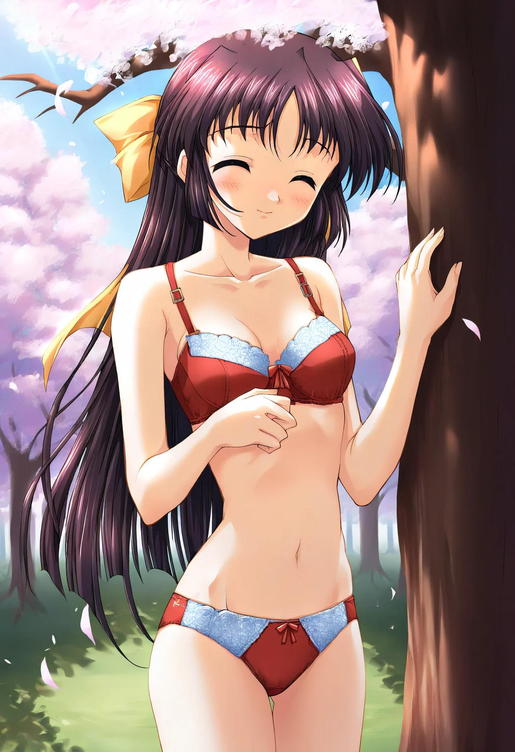 score_9, score_8_up, score_7_up, source_anime, high res image, masterpiece, best quality, 1girl, underwear, closed eyes, lingerie, long hair, tree, blush, ribbon, happy, looking at viewer, <lora:nanao-naru-style-pony_v1.0:1>