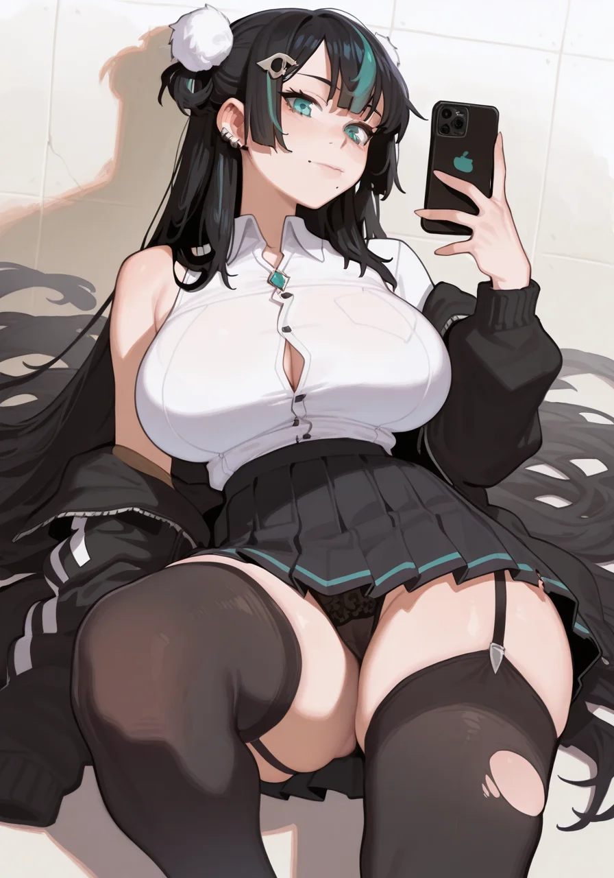 1girl, aqua eyes, black hair, black jacket, black panties, black skirt, black thighhighs, breasts, button gap, cellphone, closed mouth, collared shirt, ear piercing, feet out of frame, garter straps, gradient hair, hair ornament, hair spread out, hand up, huge breasts, jacket, jewelry, knee up, long hair, looking at viewer, mole, mole under mouth, multicolored hair, panties, pendant, phone, piercing, pleated skirt, pom pom (clothes), pom pom hair ornament, removing jacket, shirt, single bare shoulder, skirt, sleeveless, sleeveless shirt, smartphone, solo, streaked hair, thighhighs, torn clothes, torn thighhighs, underwear, very long hair, white shirt, BREAK character_concept, cowboy_shot, (dutch_angle:1.25), <lora:Maiz_IL_Style_epoch_7:1> M41z, painterly, <lora:illustrious_quality_modifiers_masterpieces_v1:1> masterpiece, very aesthetic, absurdres