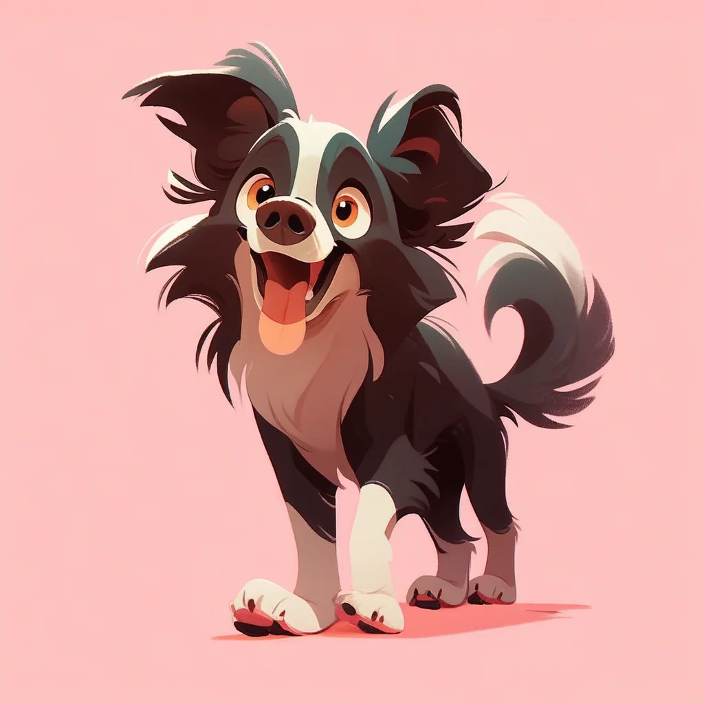 aaAR7fd, score_9,score_8_up,score_7_up,score_6_up, solo, cute, no humans, animal focus, open mouth, tongue out, dog, Border Collie, walk, full body, happy, pink background,