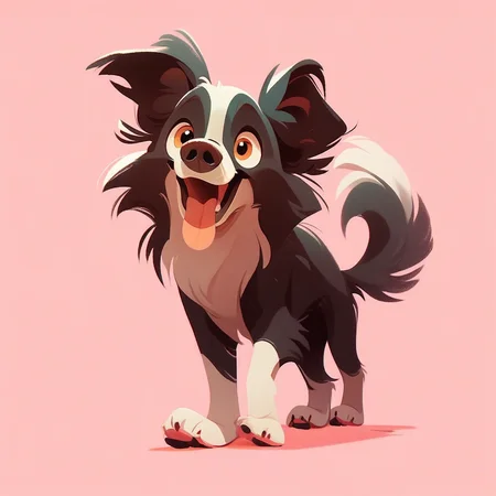aaAR7fd, score_9,score_8_up,score_7_up,score_6_up, solo, cute, no humans, animal focus, open mouth, tongue out, dog, Border Collie, walk, full body, happy, pink background,
