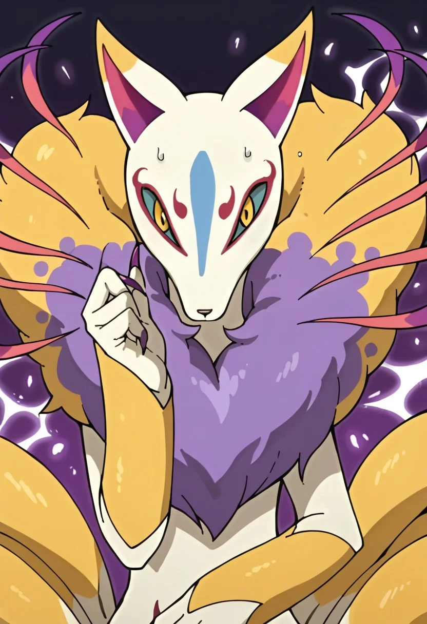 BREAK score_9_up score_8_up score_7_up, source_anime, (frontal), anime style, glitter, high quality, Kyubi_Yo-kai, golden fur, white legs and torso, purple fur on the chest, nine tails, multiple tails, purple tail tips, long purple nails,