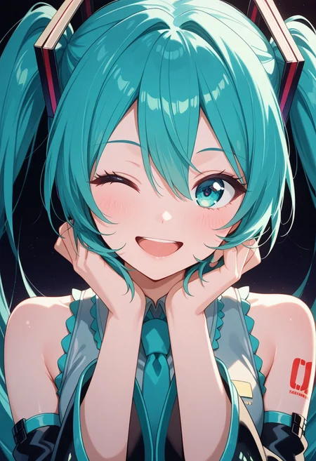 vibrant anime image, masterpiece, colourful, hatsune miku, happy, smiling, winking, dark background, detailed eye