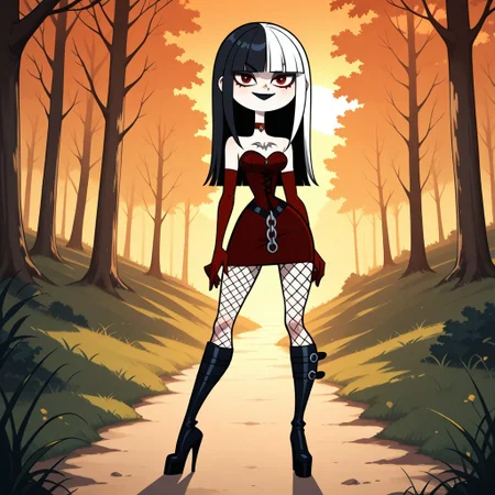 score_9, score_8, BREAK, solo, dark red corset, goth, blunt bangs, dark red gloves, long hair, red eyes, makeup, knee boots, high heel boots, fishnets, chest tattoo, choker, breasts, total drama, CrimsonTD, pale skin, white skin, black lips, lipstick, multicolored hair, black hair, white hair, sexy pose, self portrait, smile, looking at viewer, outdoors, sunlight, shadows, evening lighting, natural lighting, forest, trees, grass, orange sky, sunset