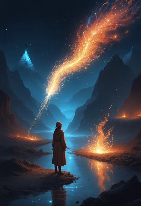 Sparkle, Award Winning, Augmented Reality Art Style,Hermit, (*Channel_42*), [earth|dirt] erupting AND [air|wind] blowing AND [water|river] flowing AND [fire|flame] burning, crystalized nodes,Augmented Reality Art Style,Midnight setting,<lora:Analogy_Digitaly_Lo-fiy__Buttony_Levery_Thing.safetensors:4.5:1.0> <lora:SDXLFaeTastic2400.safetensors:1.5:1.0> <lora:add-detail-xl.safetensors:3.0:1.0>