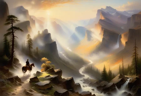 <lora:10NaturalismPainting_Hap_XL:1.5>,  Thomas Moran style, oil painting, This artwork portrays a misty mountain valley at dawn, with soft sunlight breaking through the haze. The composition leads the viewer's eye along a winding river that flows through the valley, flanked by towering cliffs and dense forests. In the foreground, a few horseback riders traverse a rocky path, adding a sense of scale and adventure to the scene. The light and shadow interplay creates a mysterious and ethereal atmosphere, emphasizing the beauty and solitude of the wilderness.