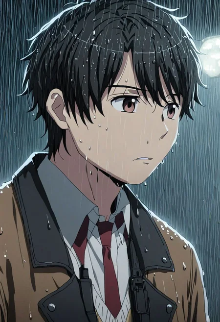 high resolution, solo, best quality, 1Boy, Inaho Kaizuka, Black Hair, Brown Eyes, heavy rain, downtown, night, looking down, sad, leather jacket, looking away, wet, wet hair, OverallDetail