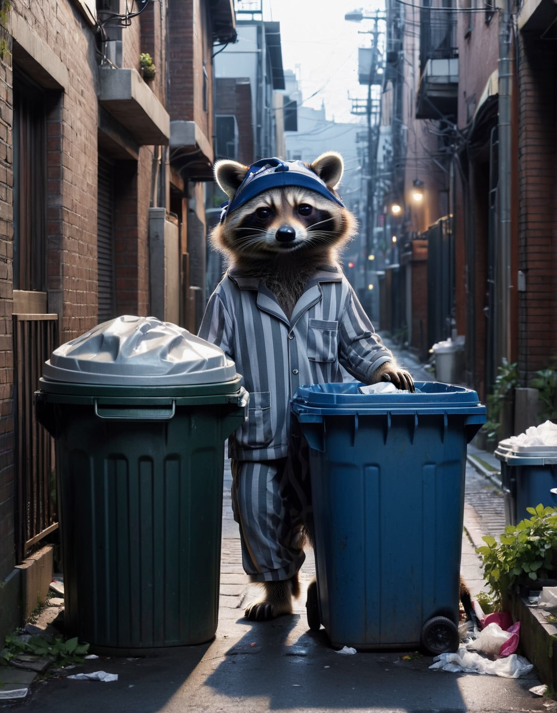 A ais-pyjms raccoon, rummaging through trash cans in a quiet alleyway <lora:ais-pyjms-sdxl:1>, masterpiece, uhd, 4k