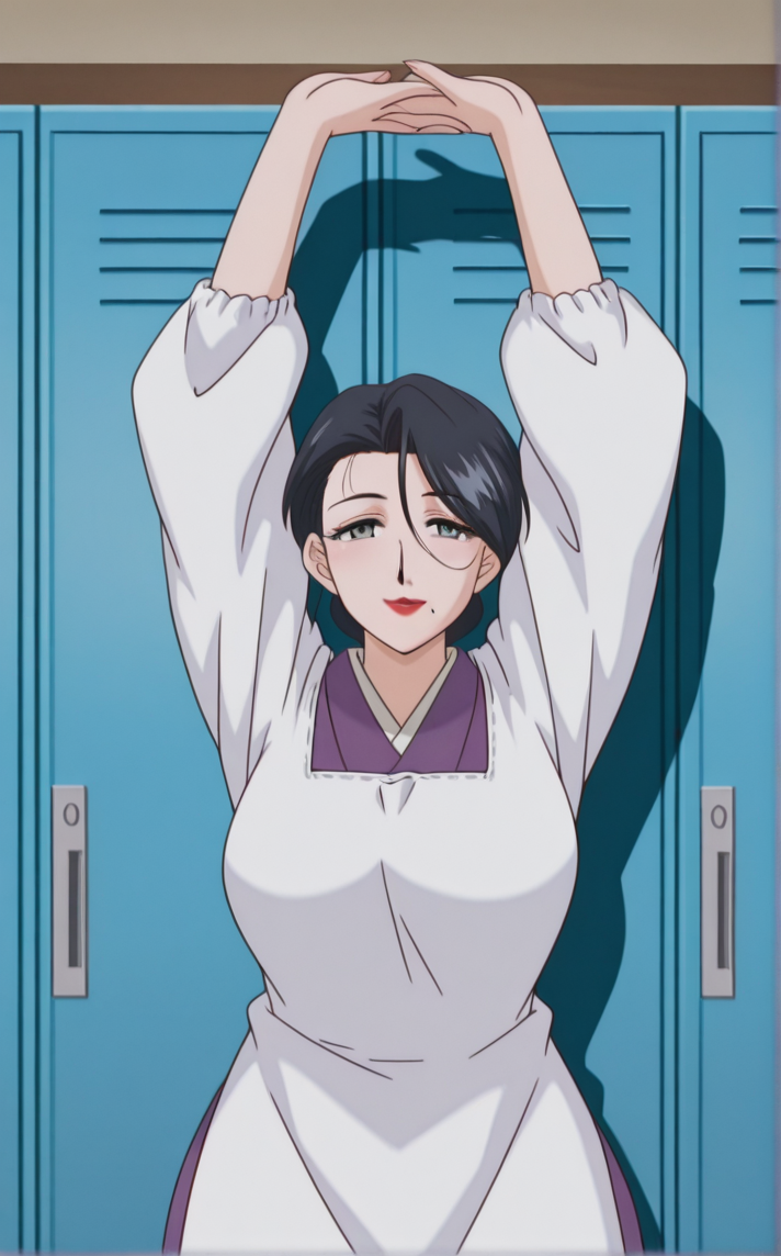 masterpiece, best quality, insaneres, absurdres,1girl, arms up, cowboy shot, looking at viewer, smile, solo, standing, stretching, locker room, drop shadow,  <lora:ILLUSTXL_MistreatedBride_SumieTakayanagi_ownwaifu:1>, BREAK WhiteApron_SumieTakayanagi_ownwaifu, 1girl, black hair, breasts, grey eyes, japanese clothes, lipstick, makeup, mature female, mole under mouth, red lips, white apron, kimono, single hair bun, apron, kappougi, hair between eyes, large breasts,