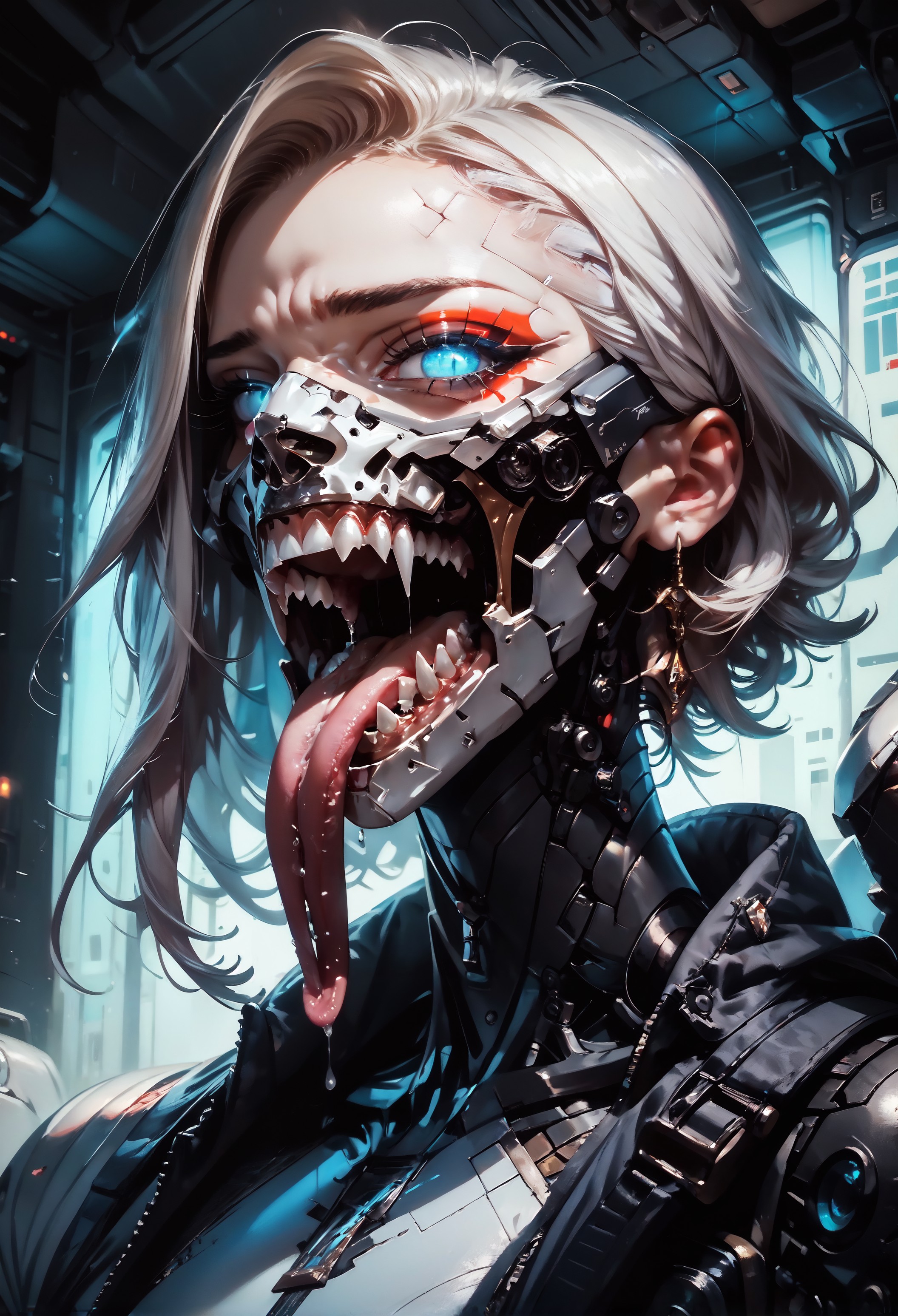 score_9, score_8_up, score_7_up,    embedding:zPDXL, 1girl, solo, looking at viewer, open mouth, blue eyes, jacket, teeth, eyelashes, makeup, mask, closeup, white hair, sharp teeth, slit pupils, portrait, zipper, science fiction, mouth mask, cyborg, cyberpunk, mechanical parts, portrait, glowing eyes, tongue out, long tongue, saliva  <lora:Concept Art Twilight Style SDXL_LoRA_Pony Diffusion V6 XL:0.8>  <lora:Expressive_H-000001:0.8> expressiveh,  <lora:BioPunky:0.8>  <lora:longtongue-ponyxl-v1>