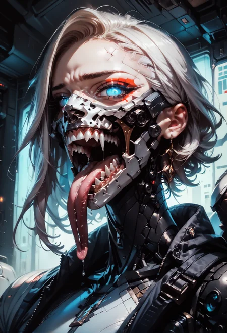 score_9, score_8_up, score_7_up, embedding:zPDXL, 1girl, solo, looking at viewer, open mouth, blue eyes, jacket, teeth, eyelashes, makeup, mask, closeup, white hair, sharp teeth, slit pupils, portrait, zipper, science fiction, mouth mask, cyborg, cyberpunk, mechanical parts, portrait, glowing eyes, tongue out, long tongue, saliva <lora:Concept Art Twilight Style SDXL_LoRA_Pony Diffusion V6 XL:0.8> <lora:Expressive_H-000001:0.8> expressiveh, <lora:BioPunky:0.8> <lora:longtongue-ponyxl-v1>