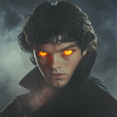 <lora:80s_Fantasy_Movie:1> ArsMovieStill, 80s Fantasy Movie Still, The image is a close-up portrait of a young man's face. He has dark hair and is wearing a black jacket. His eyes are glowing orange and his expression is intense and dramatic. The background is dark and there is a hint of smoke or fog surrounding the man. The overall mood of the image is intense with a sense of danger and suspense., solo, glowing, black hair, lips, looking at viewer, orange eyes, glowing eyes, portrait, male focus, 1boy
