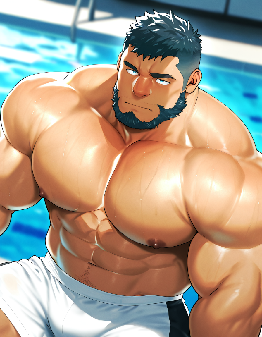 1boy,solo,beard,male focus,mature,muscular,plump,bara,from front,looking at view,close to siwmming pool,topless,large pectorals,sports shorts,
masterpiece,best quality,amazing quality,very aesthetic,absurdres,newest,
<lora:add-detail-xl:1>,<lora:mizukigai-ill-v2.1:1>,mizukigai,