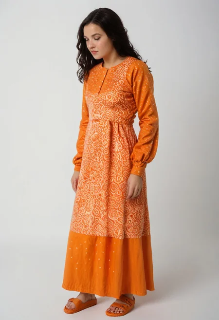 1girl, solo, simple_background, white_background, birksonfeet, toenail_polish, full_height, patterned, long_dress, long_black_hair, looking_away, pretty_face, long_sleeves, orange_black_white, posing, fashion