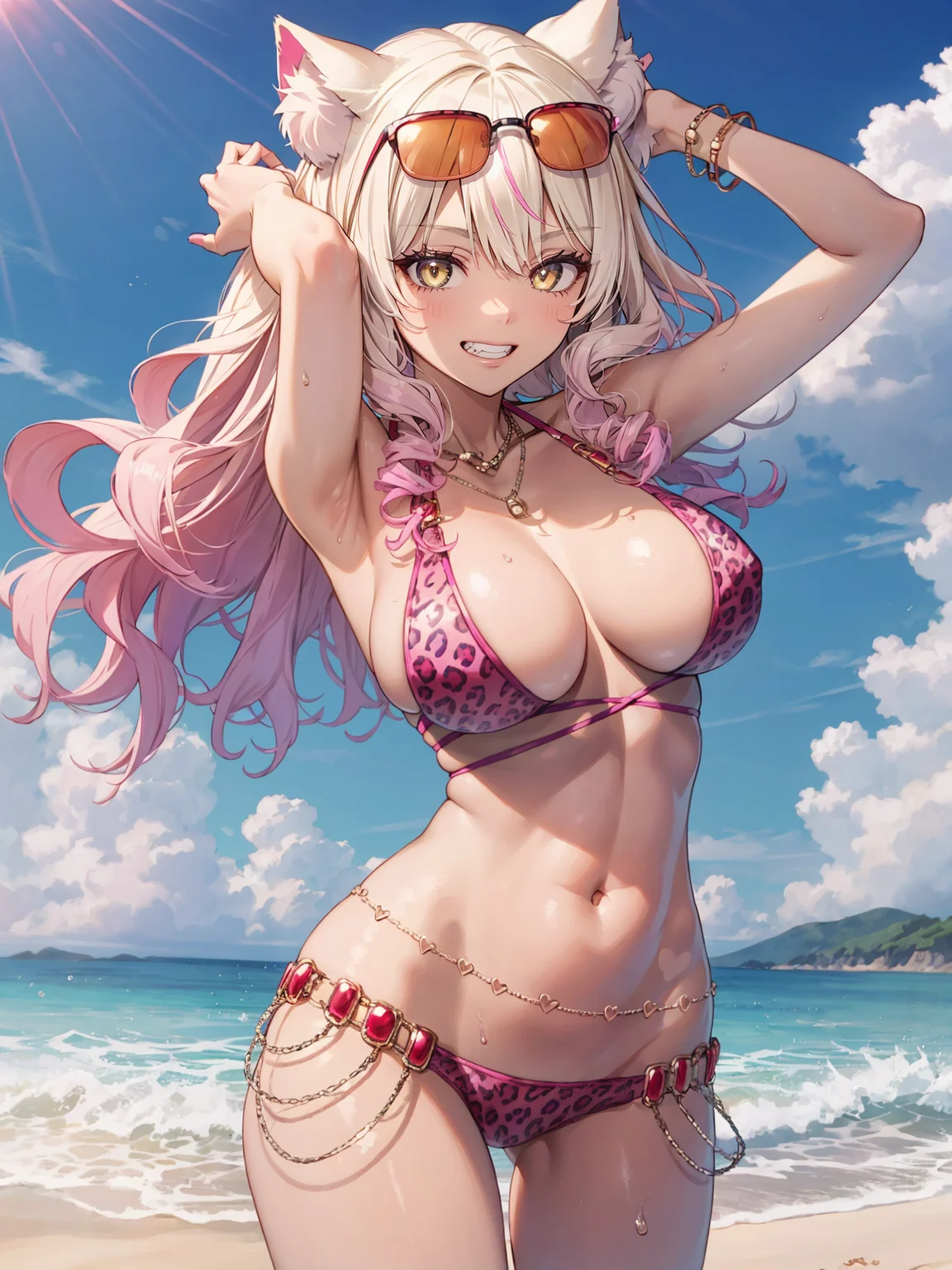 long hair, animal ears, animal ear fluff, fox girl, swimsuit, bikini, animal print, leopard print, jewelry, dark skin, gyaru, tan, sunglasses, eyewear on head, multicolored hair, gradient hair, blonde hair, pink hair, fox tail, belly chain, bracelet, necklace, heart, beach, grin, arms up, hands on hair, floating hair, <lora:SuzukaGozenSwimsuit:0.7>