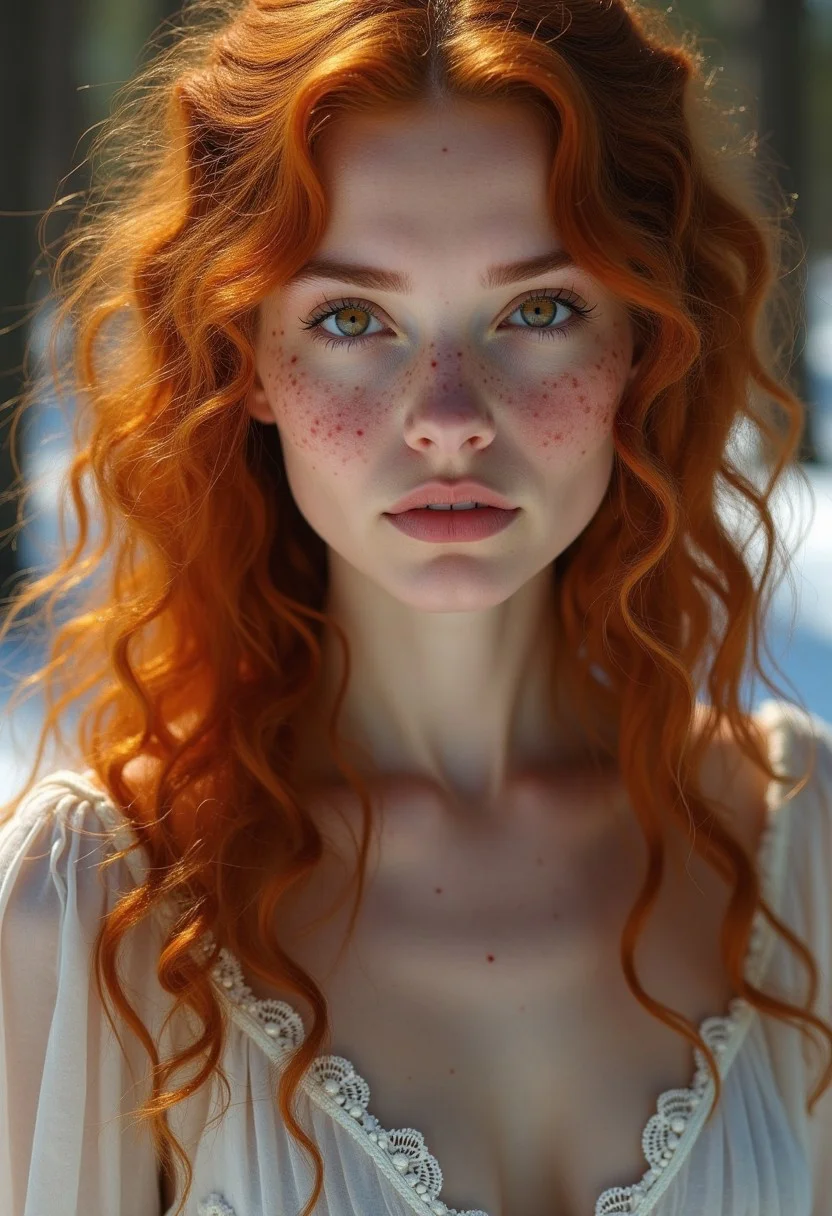 m0d3rn1mpr, close up of a pale-skinned woman with long curly ginger hair, heavy freckles, piercing hazel eyes, she is standing in a forest, and wears a long white dress, dappled shadows cover her face, pine forest, it is winter and there is snow all around, she is absolutely gorgeous. She is not looking at the viewer