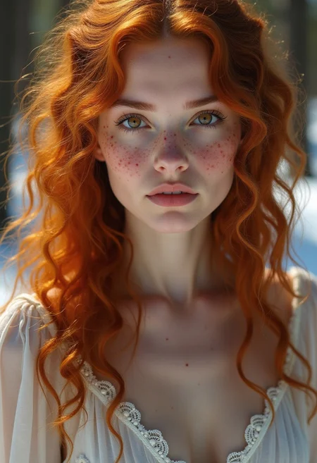 m0d3rn1mpr, close up of a pale-skinned woman with long curly ginger hair, heavy freckles, piercing hazel eyes, she is standing in a forest, and wears a long white dress, dappled shadows cover her face, pine forest, it is winter and there is snow all around, she is absolutely gorgeous. She is not looking at the viewer