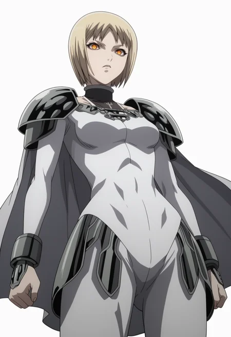 score_9, score_8_up, score_7_up, source_anime, BREAK , 1girl, solo,, white background, cowboy shot, <lora:DX888Clare:1>clare, bodysuit, cape, pauldrons, grey eyes, medium breasts, ,dynamic pose, anime screencap, from below,