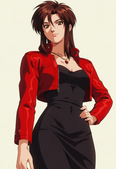 score_9, score_8_up, score_7_up, score_6_up, 1girl, solo, Priss, black dress, red jacket, (retro artstyle:1.3), detailed eyes, perfect face, perfect eyes, sexy, sexy girl, beautiful eyes, petite body, small breasts, standing, posing, light smile, simple background, from below, dynamic angle <lora:Priss Asagiri _ Bubblegum Crisis Tokyo 2040_epoch_10:1>