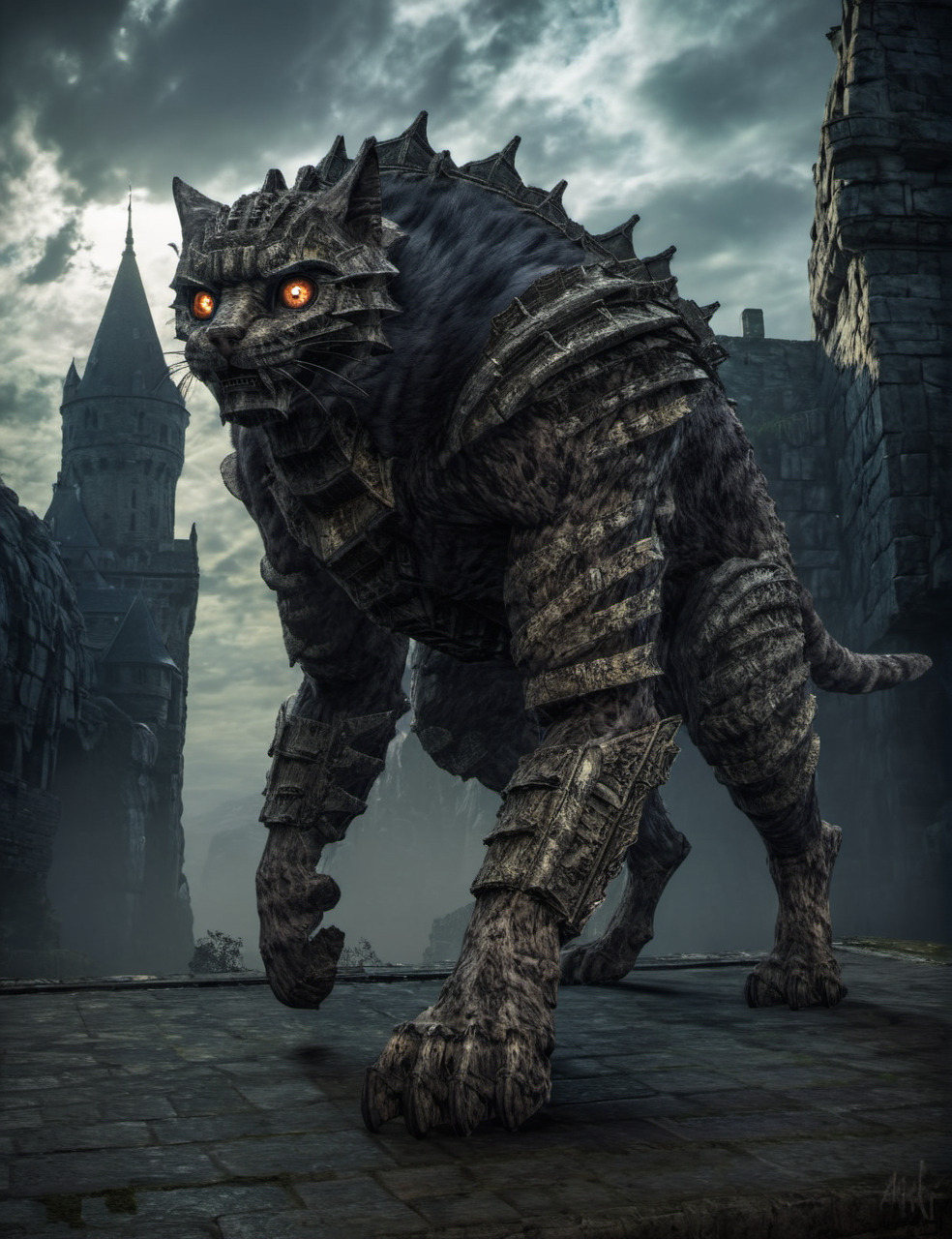 a giant cat,sotc,glowing eyes,full body,hyperdetailed photography,awardwinning,masterpiece,epic,trending on artstation,raw photo,castle in the background,<lora:shadowofthecolossus:0.8>