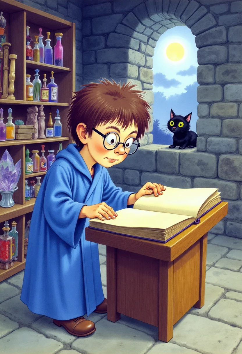 Old book illustration style, colored drawing of a young apprentice wizard in a cluttered tower room, studying a large open spellbook on a wooden lectern. The apprentice wears a simple blue robe and round spectacles, with tousled brown hair. Around him are shelves filled with glowing crystals, potion bottles, and scrolls. A small black cat with bright green eyes sits on a windowsill, watching attentively. Moonlight streams through a tall arched window, casting silvery light on the stone floor. The colors are cool and muted, with soft brushwork and intricate details, creating a magical, whimsical storybook atmosphere. <lora:oldillustration_V1.1:0.9>