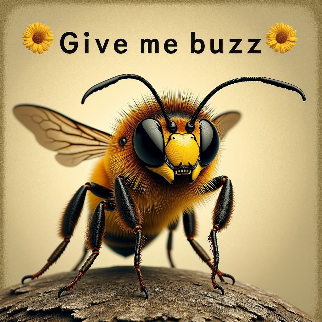 An extremely demented-looking bee with the text alongside it reading “Give me buzz”.