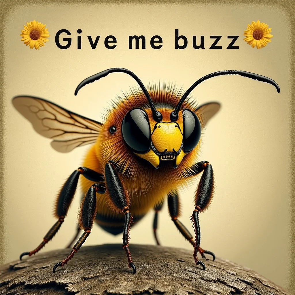 An extremely demented-looking bee with the text alongside it reading “Give me buzz”.