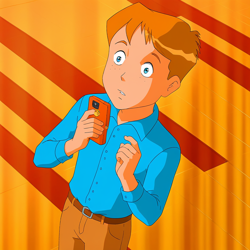 embedding:Pony\Positive\zPDXL3, masterpiece, best quality, good quality, male focus, jason_hightower_totally_spies, solo, aged up, 18 years old, 1boy, mature male, mature man's body, male focus, dutch angle, high resolution, slim body, outdoors, park, blue crossbody bag, holding cellphone, smart band, large head, wide head, short hair, reddish-orange hair, reddish-orange eyebrows, blue eyes, reddish-orange sideburns, reddish-orange thin goatee, casual clothes, long sleeves, blue buttoned up shirt, brown length trousers