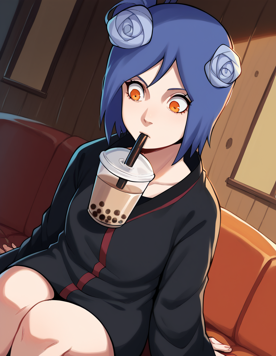 score_9, score_8_up, score_7_up, source_anime, <lora:konan-shippuden-anime-ponyxl-lora-nochekaiser:1>, konan, short hair, hair ornament, blue hair, flower, hair flower, orange eyes,, <lora:bubble-tea-challenge-ponyxl-lora-nochekaiser:1>, bubble tea challenge, bubble tea, object on breast, drinking straw, drinking straw in mouth, drinking, cup,, indoors, sitting, looking down, , cowboy shot, dutch angle