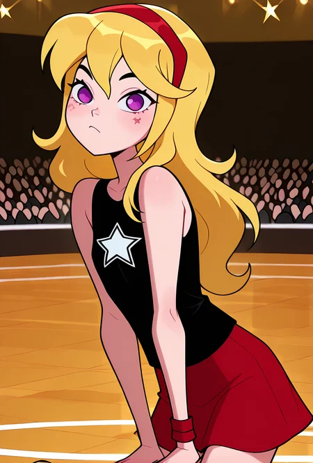 ((cartoon, screencap, )) <lora:lucysmall:1> lucysmall, solo, long hair, blonde hair, red hairband, black shirt, sleeveless, flat chest, star (symbol), purple eyes , tank top, wristband, miniskirt, red skirt, looking at viewer ,playing basket ball, slam dunk, crowd, nba, lebron james in background,, masterpiece, best quality, amazing quality, very aesthetic, absurdres, newest,