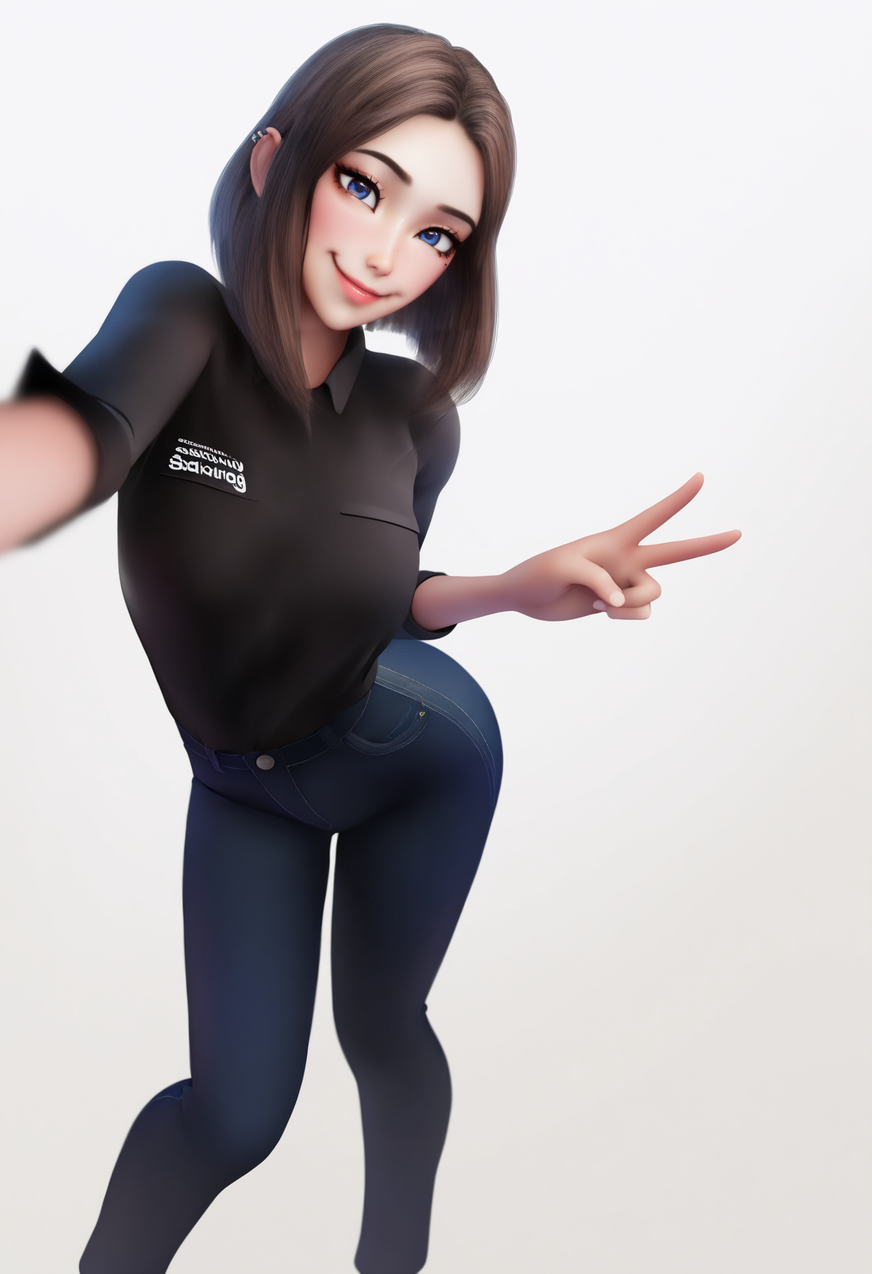 masterpiece, best quality, very aesthetic, absurdres,
3d, realistic, 3d render,
1girl, samsamsung, brown hair,  medium hair, blue eyes, mole under eye,
black shirt, jeans, v sign,
smile, solo, looking at viewer, simple background, white background,   <lora:SamSamsungNoobXL_byKonan:1>