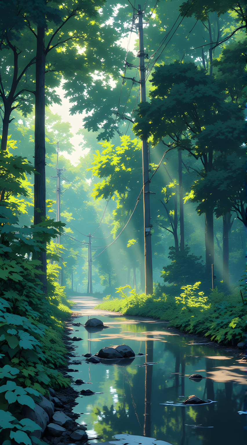 A serene and enchanting depiction of a forested path, where nature and human-made elements coexist in harmony. The setting is bathed in soft, diffused light that filters through the dense canopy of trees above, casting a gentle glow over the entire scene. The sky is a mix of vibrant greens and blues, with sunlight breaking through the foliage to create dappled patterns of light and shadow on the ground below.
A network of power lines crisscrosses the frame, their cables stretching across the scene like delicate threads woven into the natural landscape. These lines add an element of modernity, contrasting sharply with the organic forms of the trees and undergrowth. The trees themselves are lush and verdant, their leaves a rich tapestry of varying shades of green, some illuminated by the sunlight while others remain cloaked in shadow.
The path beneath is reflective, its surface mirroring the surrounding environment like a liquid mirror. This reflection doubles the visual impact, creating a sense of depth and symmetry as the trees and power lines seem to extend endlessly into the distance. The overall atmosphere is one of tranquility and mystery, as though this place exists at the intersection of reality and dream. The interplay of light, shadow, and reflection invites the viewer to linger, exploring the subtle details and imagining the stories hidden within this quiet, ethereal world.
j_art, anime, anime art, <lora:FLUX\jul\J_Anime:0.7>, <lora:FLUX\RealAnime:0.7>