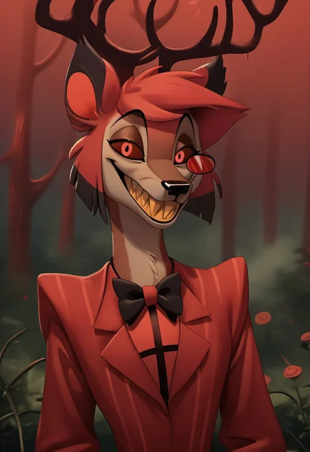 score_9, score_8_up, score_7_up, score_6_up, masterpiece, solo, ((detailed eyes, detailed face, detailed fur, 
BREAK
Great Prince of the Forest, GPotF, deer, buck, disney, antlers, red fur, beige markings, brown eyes, brown eyelids, brown eyeshadow, eyeliner, black eyebrows, anthropomorphic deer, furry, anthro deer, animal focus, alastor_hh, alastor \(hazbin hotel\), solo, red theme, 1boy, red eyes, bow, smile, looking at viewer, evil smile, grin, short hair, bowtie, horror, monocle (theme), sharp teeth, yellow teeth, laughing
<lora:add-detail-xl:1.0>