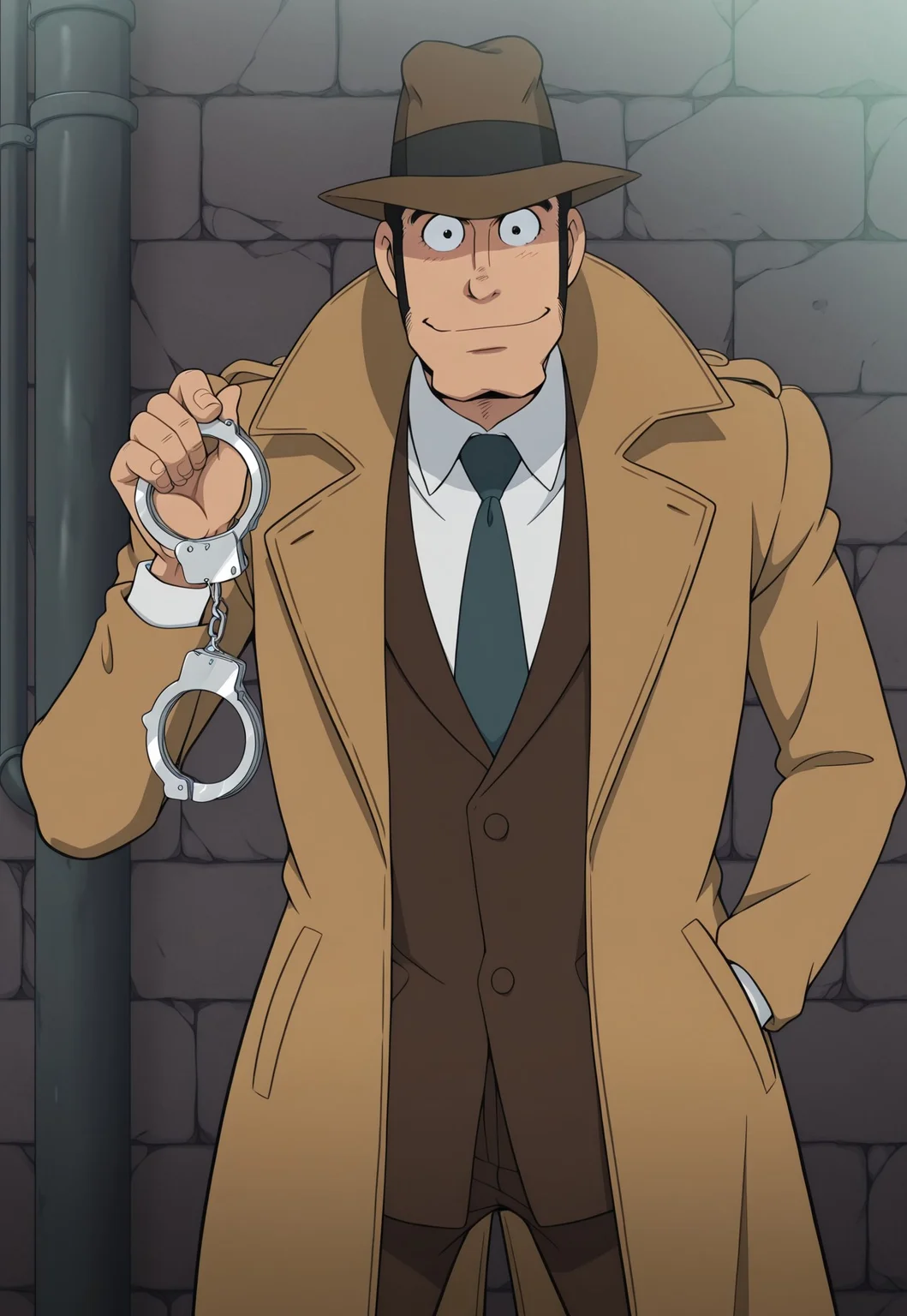solo, masterpiece, modern, new, 1boy, male, masculine face, daddy looking face,
LupinZenigata, black hair, sideburns, fedora, trench coat, necktie, shirt, standing, holding handcuffs, looking at viewer, smiling