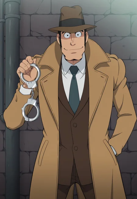 solo, masterpiece, modern, new, 1boy, male, masculine face, daddy looking face,

LupinZenigata, black hair, sideburns, fedora, trench coat, necktie, shirt, standing, holding handcuffs, looking at viewer, smiling
