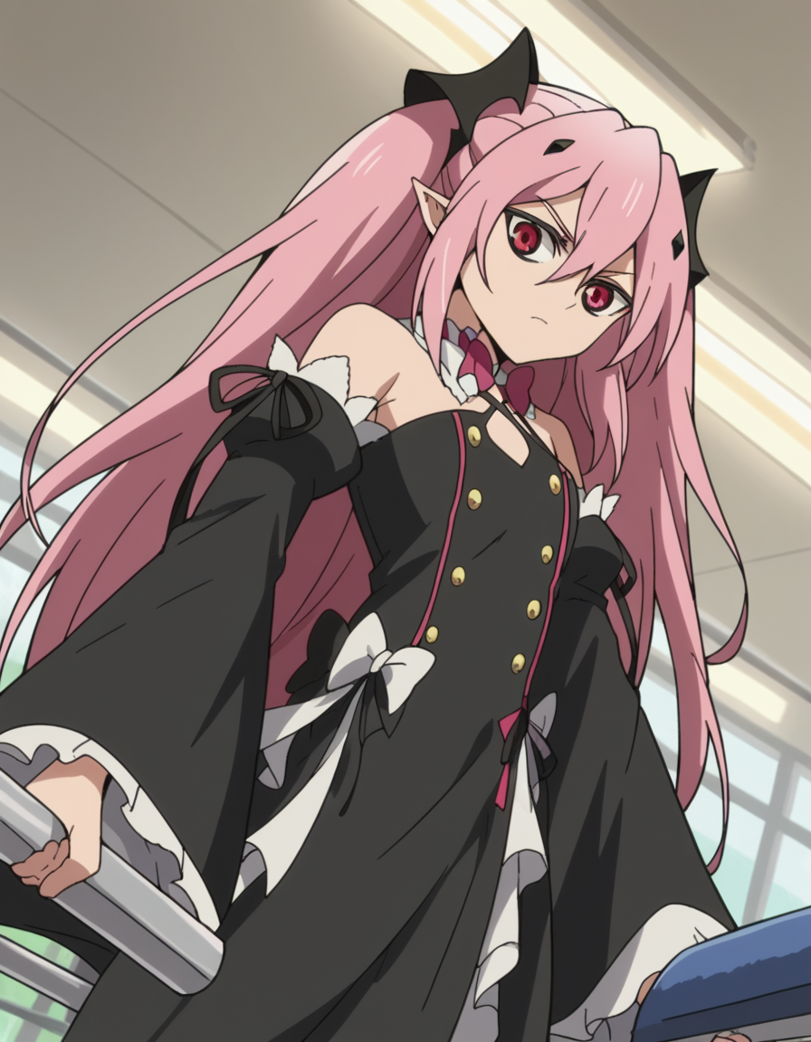score_9, score_8_up, score_7_up, source_anime, <lora:krul-tepes-s2-ponyxl-lora-nochekaiser:1>, krul tepes, long hair, red eyes, pink hair, pointy ears, hair ornament, anime screencap, dress, bare shoulders, detached sleeves, wide sleeves, detached collar, black dress, bowtie,, gym, weights, treadmill, mirrors, exercise, , from below, looking at viewer, solo,, dutch angle, cowboy shot