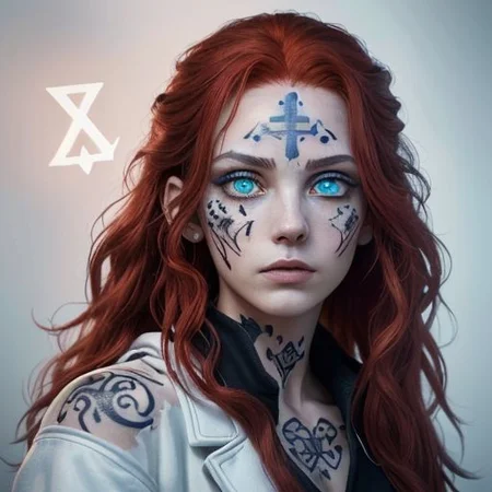 bright red hair, human female, (feminine:1.7), (beautiful face, detailed face:1.6), (beautiful eyes, detailed eyes:1.7), (looking at viewer, eye contact, intense:1.6), (long hair, red hair, curly hair:1.3), , ((masterpiece, best quality, high resolution, realistic, best quality,)), photo realistic, Perfect Face, (detailed face). <lora:GoodHands-vanilla:0.6> <lora:add-detail-xl:0.8>, mage, (Dress White military uniform coat), dagger, rune dagger, glowing runes, , (((glowing magic symbols tattoos, religious tattoos))), ((face tattoos)), glowing tattoos, stone tower in the background