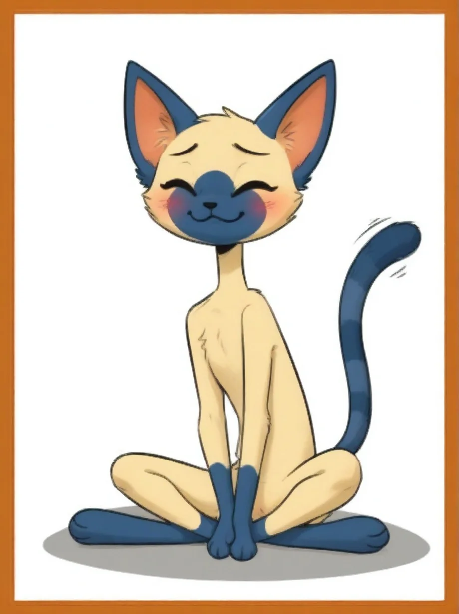 Mizi, cat, female, furry, sitting, cross legged, tail curled around body, happy, arms in between legs, paws, slim, skinny, eyes closed, UwU, blush, full body, white background, facing viewer, orange border