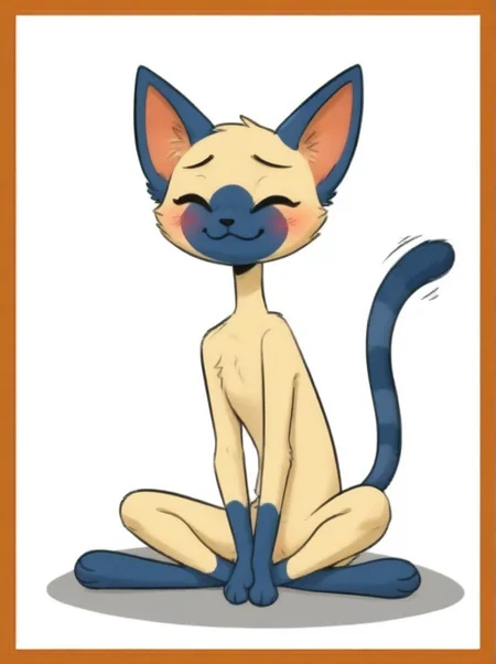 Mizi, cat, female, furry, sitting, cross legged, tail curled around body, happy, arms in between legs, paws, slim, skinny, eyes closed, UwU, blush, full body, white background, facing viewer, orange border