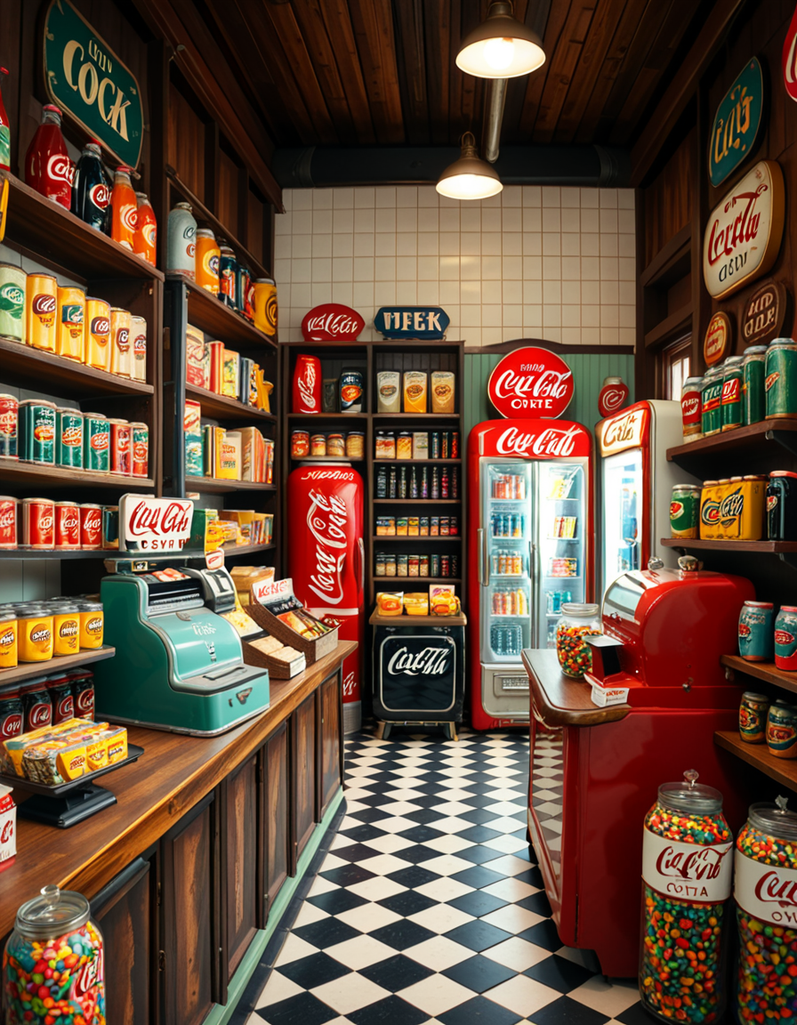 A vintage 1950s grocery store filled with nostalgic details. Wooden shelves neatly stocked with classic canned goods, glass soda bottles, and colorful retro packaging. An old-fashioned cash register sits on the wooden counter, next to a small scale for weighing produce. The checkered black-and-white tile floor adds to the mid-century charm, while hand-painted signs on the walls advertise milk, bread, and coffee in bold, retro fonts. A display of penny candy in glass jars sits near the entrance, and a vintage Coca-Cola refrigerator hums in the background. Soft, warm lighting casts a nostalgic glow over the scene, enhancing the rich textures of wood, glass, and metal, capturing the essence of a bygone era.
<lora:SDXLFaeTastic2400:0.4> <lora:extremely_detailed:0.4> extremely detailed
 <lora:1950s_grocery_st0r3:1>,1950s grocery st0r3, Masterpiece,best quality,hi res,8k,hi res,8k,award winning,(sharp focus, intricate, highly detailed),